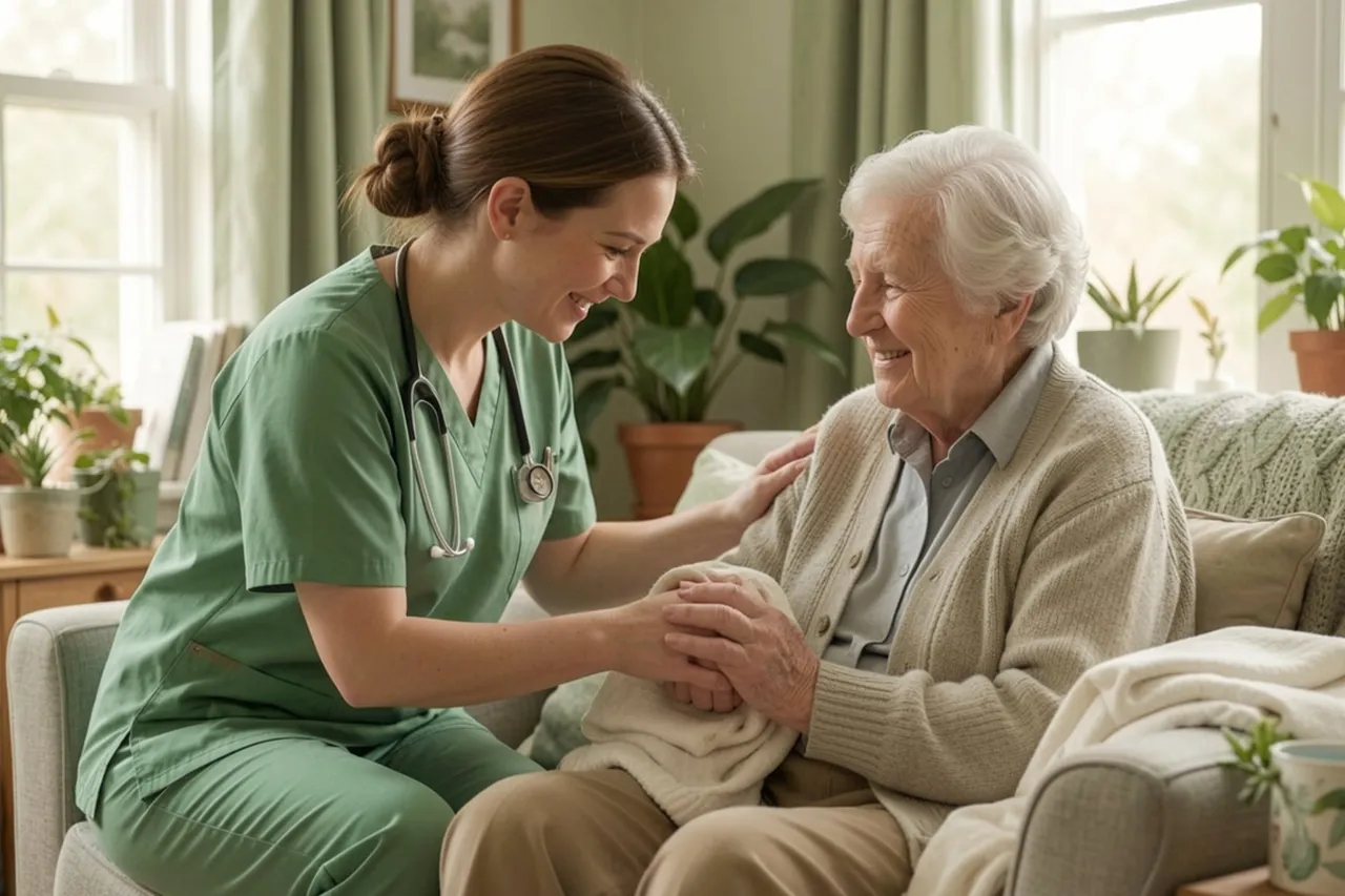 A caregiver in green scrubs with a stethoscope smiles and holds an elderly woman's hand in the living room.