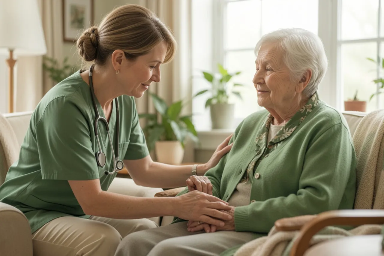 In a bright living room, a caregiver in green scrubs sits across from an elderly woman, holding her hands and talking warmly.