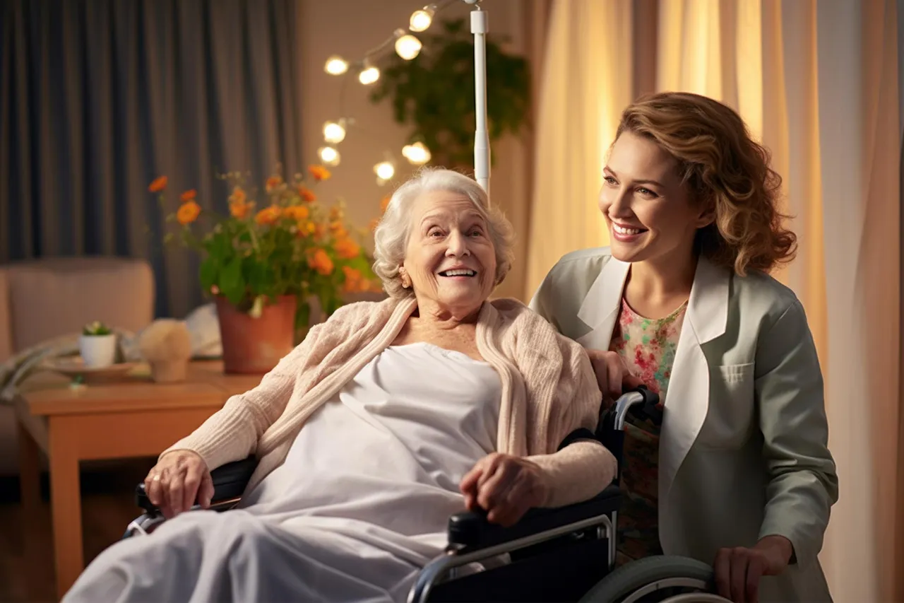 A happy elderly client and the caregiver assisting her are together in a bright indoor setting.
