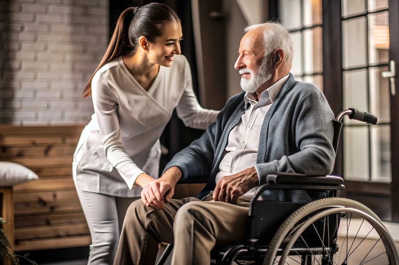 A caregiver talks warmly with a male client who uses a wheelchair.